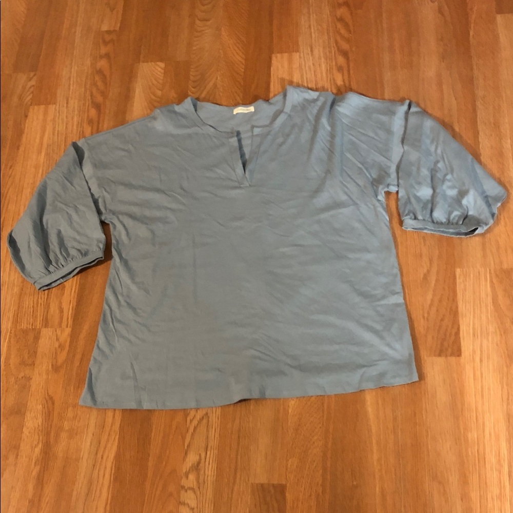 Cotton Blue Chic Women's Blueish Blouse 100% Cotton Henley Neckline Short Sleeve